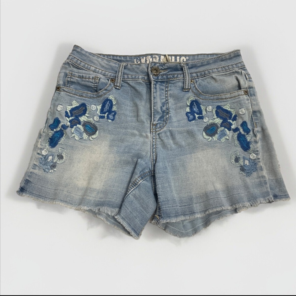 Y2K✨RARE✨Hydraulic Denim Shorts Size 6 Low Rise Hemmed (Blue Floral Embroidered)